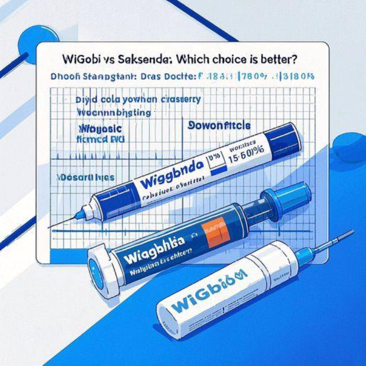 위고비와 삭센다 주사 펜이 나란히 배치된 전문적인 의료 이미지. 중앙에는 두 제품을 비교하는 차트나 그래프