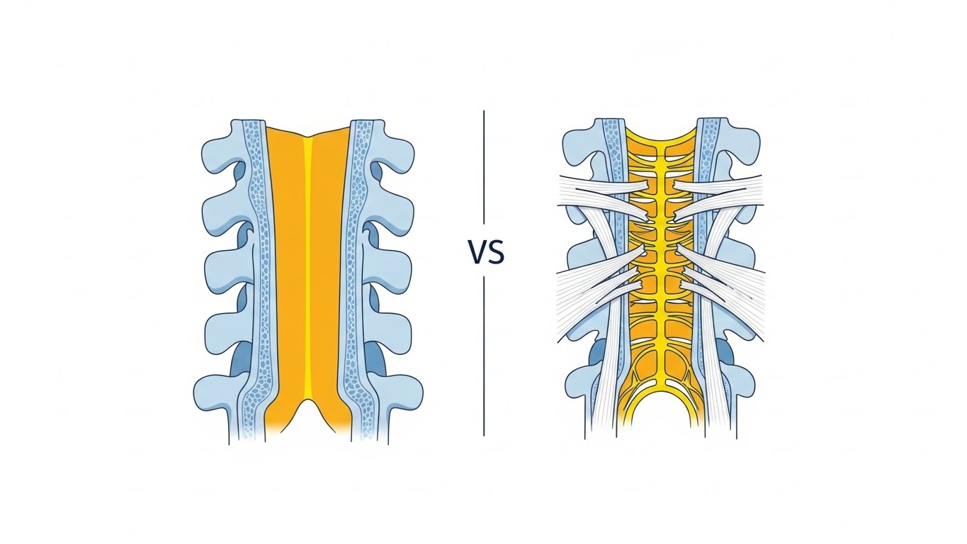 정상적인 척추관과 인대가 두꺼워져 신경이 압박받는 협착증 상태의 단면 비교 그래픽
