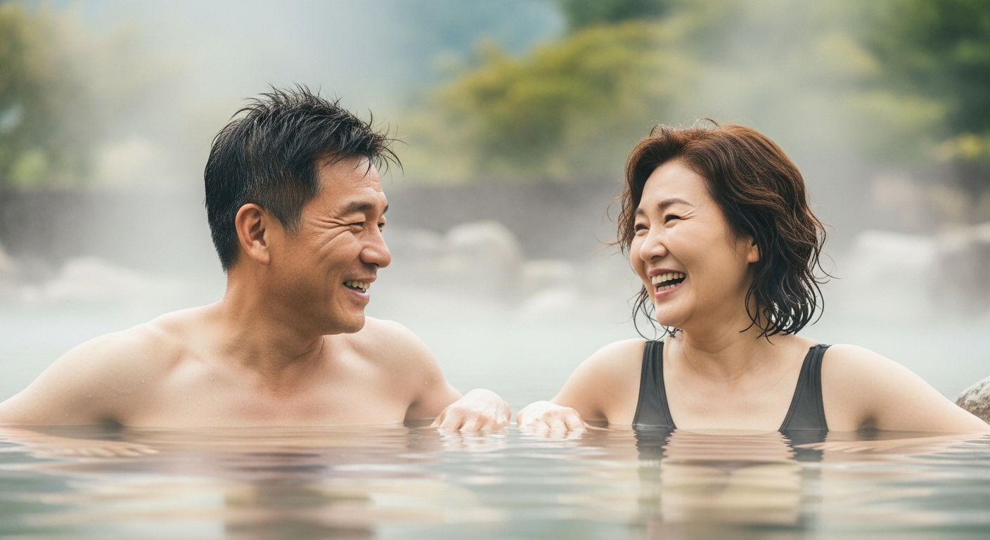 50대 부부가 온천에서 담소