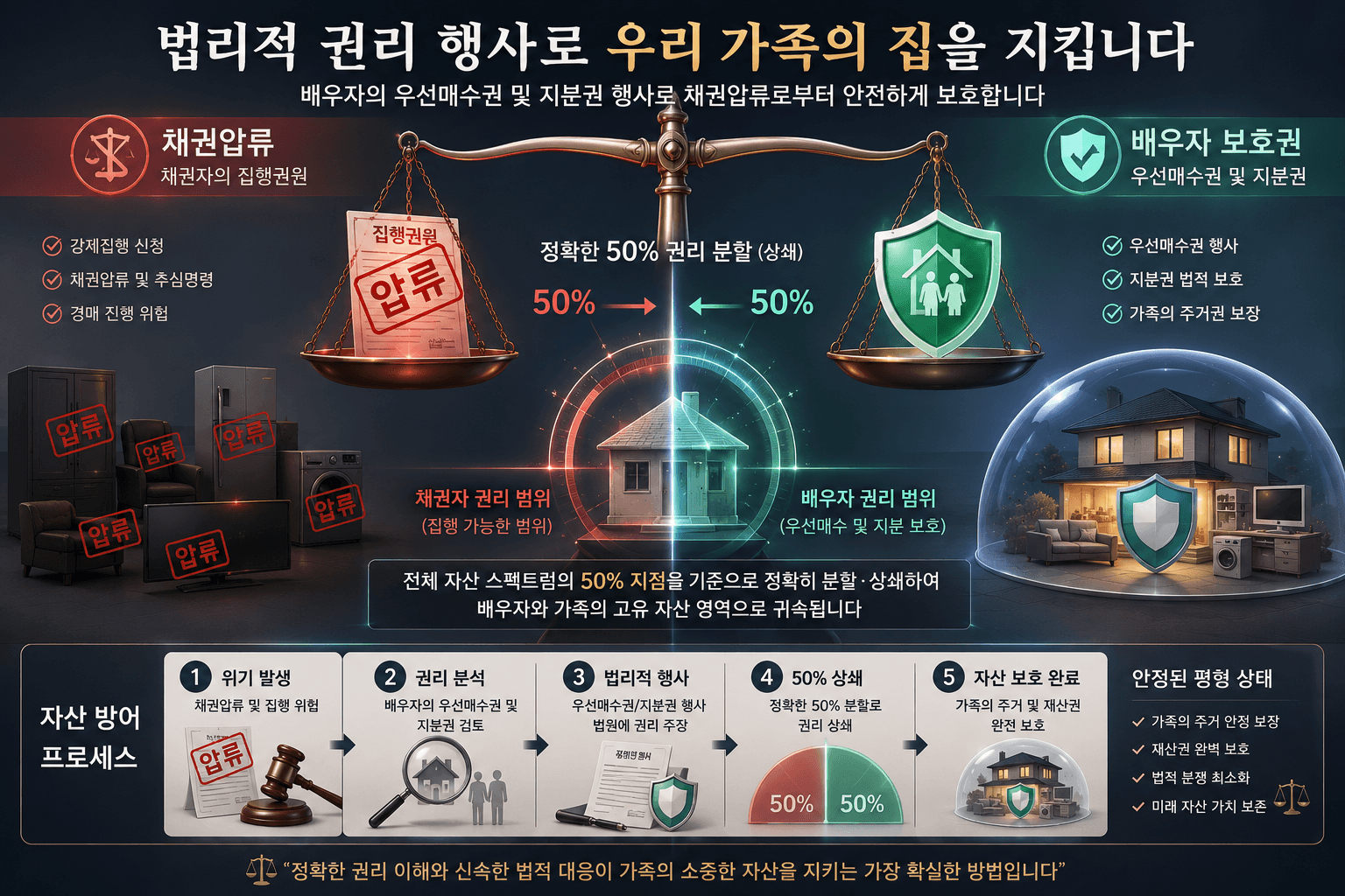 유체동산 경매 과정에서 채무자의 배우자가 우선매수청구권과 지분배당요구권을 동시 행사하여, 자산의 50% 가치를 상쇄시키고 가족의 소유권을 적법하게 방어해 내는 매커니즘 이미지