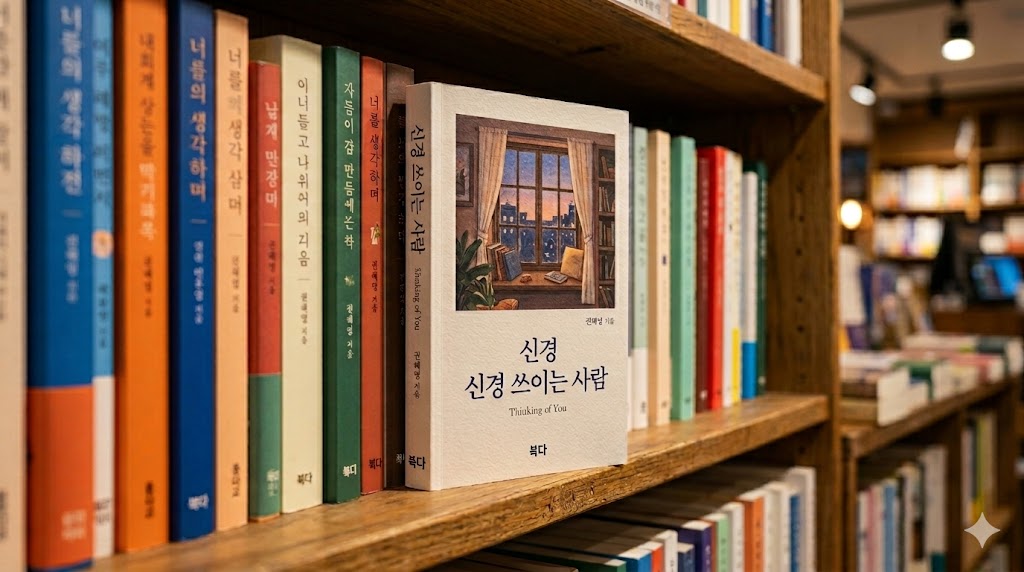 Bookda Anthology Thinking of You book cover on bookstore shelf, 2026 Korean romance novel bestseller