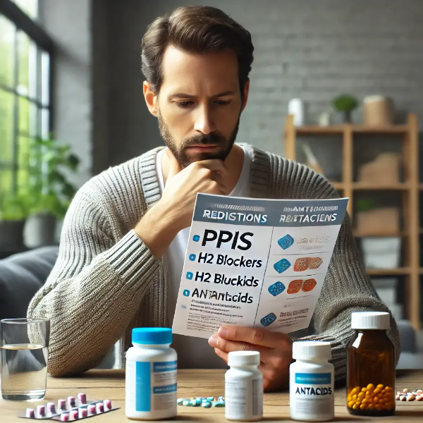 역류성 식도염 치료제 정보를 살펴보며 약 종류를 비교 중인 사람, 다양한 약병과 설명서가 놓인 테이블