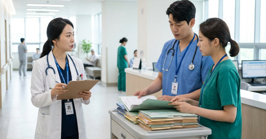 병원 복도에서 의사와 차트를 보며 심각하게 상담 내용을 논의하는 의료사회복지사