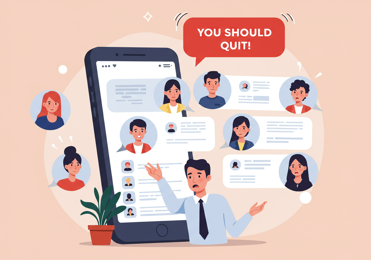 단체 채팅방에서 '퇴사해라' 메시지를 받고 충격받은 직장인의 모습, 스마트폰 채팅화면 일러스트