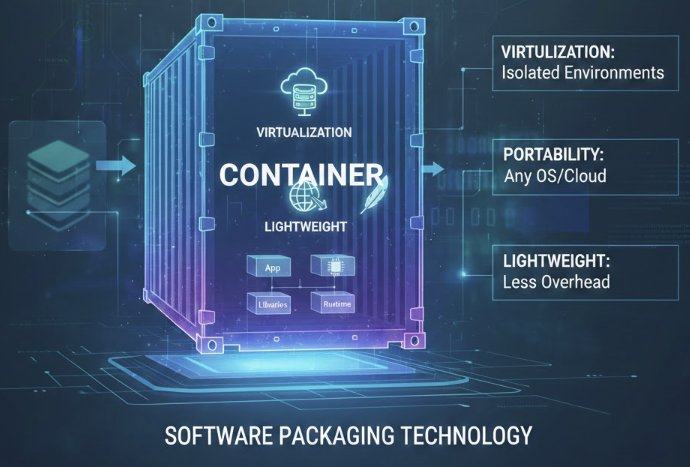 소프트웨어 패키징 기술을 설명하는 컨테이너 다이어그램. 중앙의 컨테이너는 애플리케이션, 라이브러리, 런타임을 포함하며, 오른쪽에는 가상화(격리된 환경), 이식성(모든 OS/클라우드), 경량성(적은 오버헤드)의 장점이 표시되어 있다