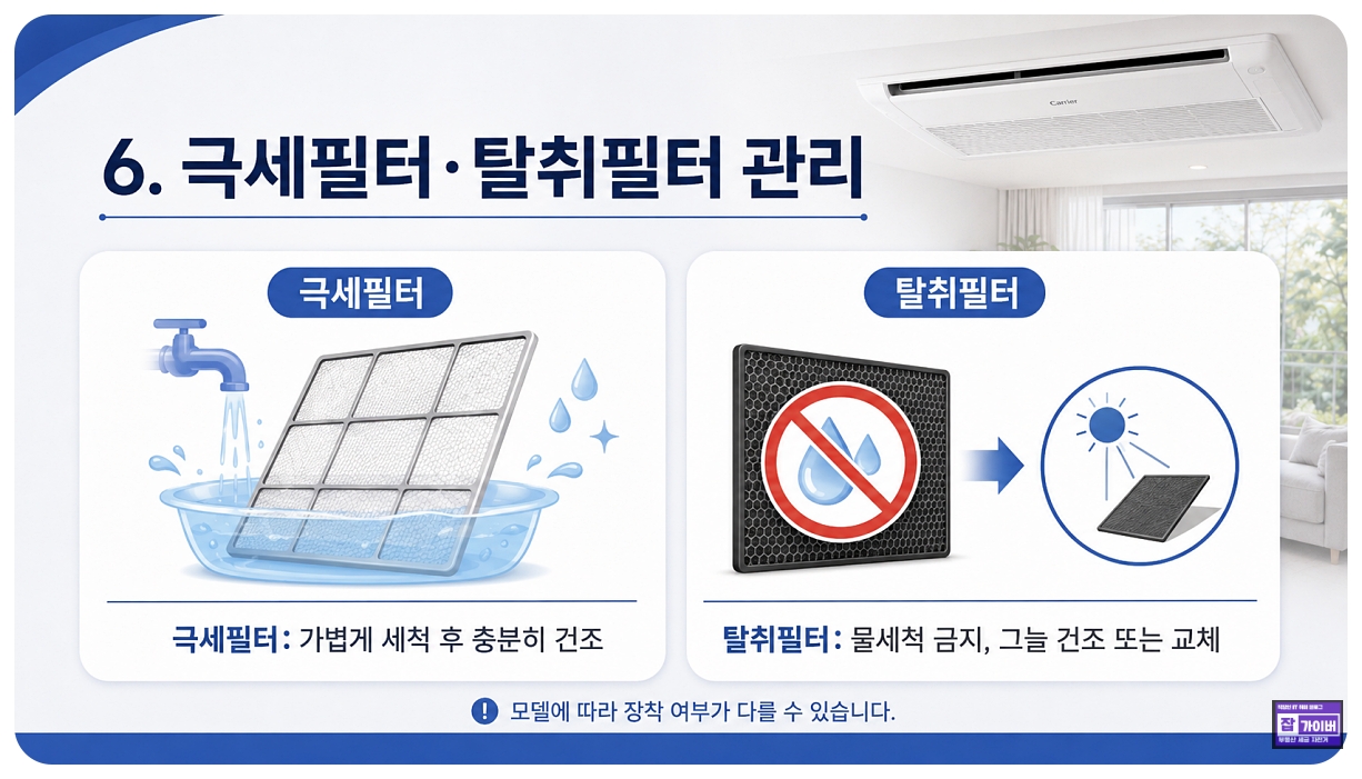 캐리어 극세필터 세척과 탈취필터 물세척 금지 관리방법