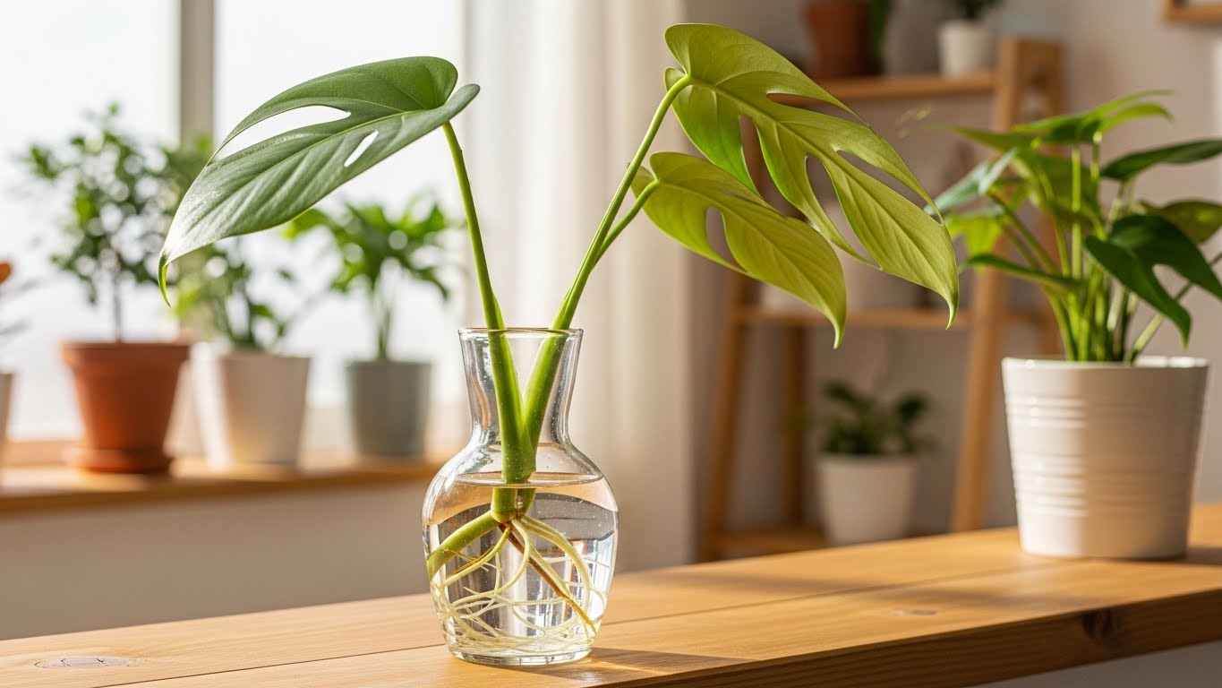 "실내 식물 물꽂이 번식을 위해 투명한 유리병에 담긴 식물 줄기 마디에서 하얀 뿌리가 돋아난 모습과 밝은 창가 배경의 플랜테리어 이미지"
