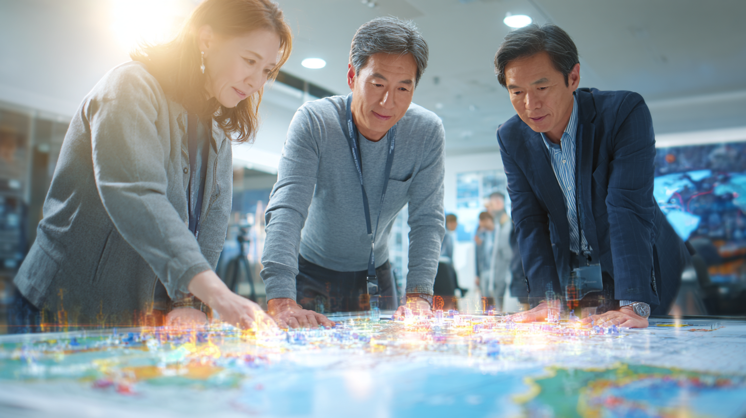 한국, 일본, 유럽 인물들이 에너지 협약 관련 지도와 LNG 파이프라인, 투자 아이콘을 보고 있는 협상 장면