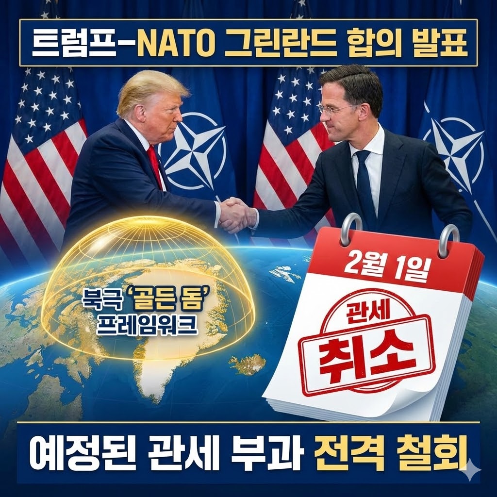 도널드 트럼프 미국 대통령과 마르크 뤼터 나토 사무총장이 악수하며 그린란드 및 북극 미래 합의 프레임워크를 발표하는 모습-썸네일 이미지