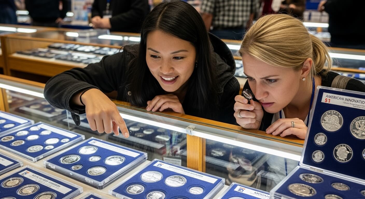 두 여성이 전시 진열장 안의 다양한 기념주화를 집중해서 살펴보는 모습