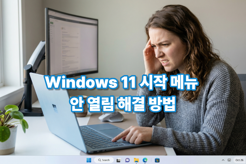 윈도우 시작 메뉴가 열리지 않는 오류 화면