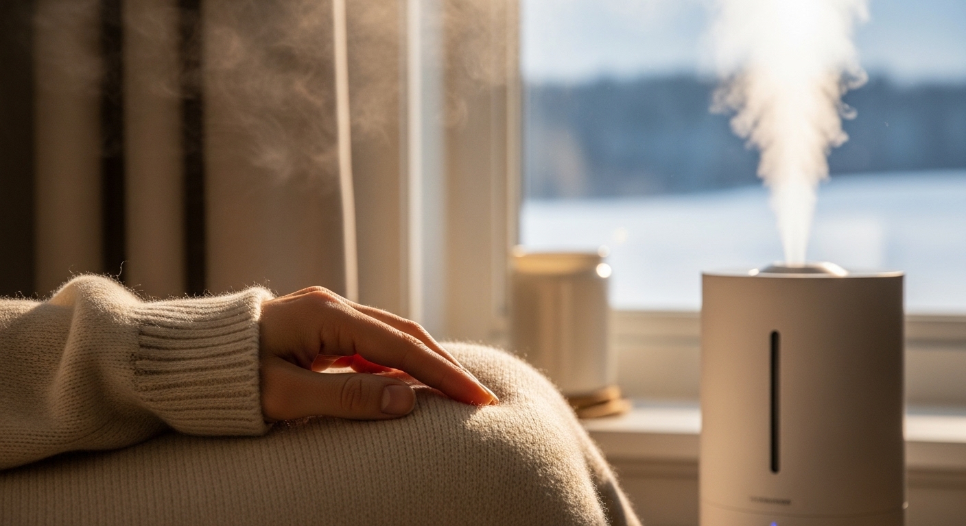 겨울철 실내에서 가습기가 작동하고 있으며, 사람이 천연섬유 스웨터를 만지는 모습으로 적정 습도 유지와 천연섬유 착용의 중요성을 나타낸 이미지.