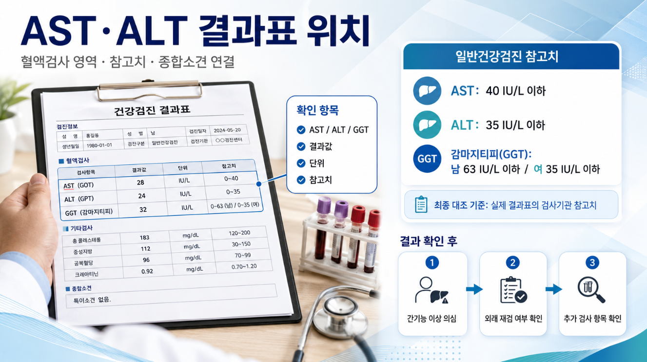 건강검진 결과표 혈액검사 영역에서 AST&middot;ALT&middot;GGT 항목 위치와 참고치를 확인하는 인포그래픽