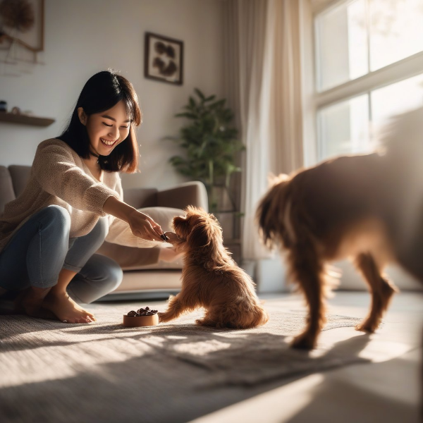 3. 강아지가 초콜릿을 먹으려 하자 한국인 여성이 부드럽게 접시를 치우는 장면, 따뜻한 거실 배경