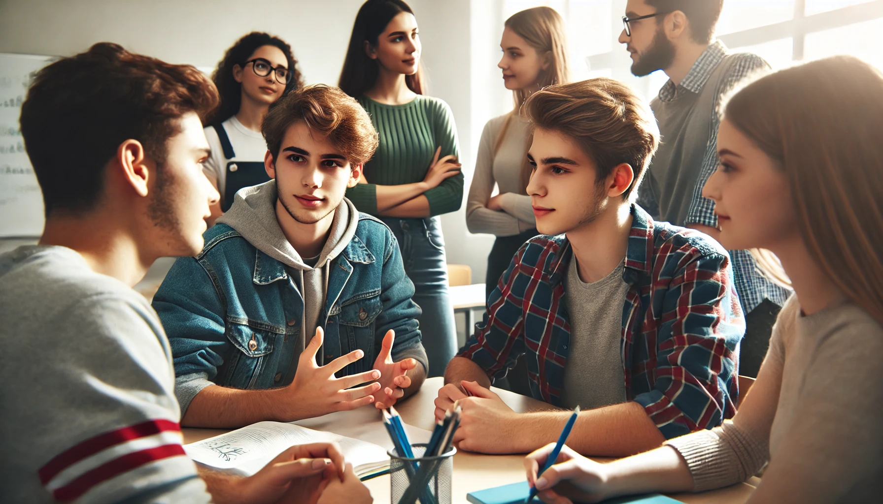 갈등을 해결하는 학생들의 협업적인 모습을 담고 있는 이미지