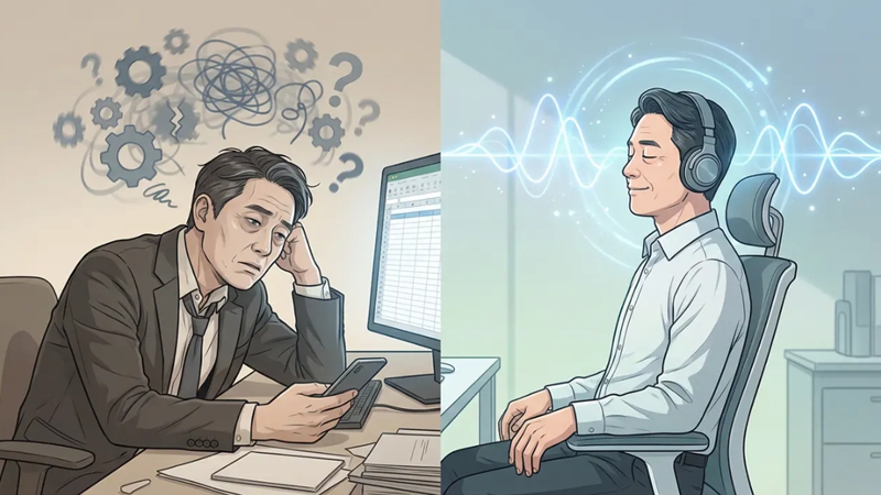 매일 야근과 스마트폰에 지친 중장년 직장인이 '5분 뇌 휴식법'으로 번아웃을 방지하고 활력을 되찾는 Before/After 모습. 직장인 뇌 건강과 번아웃 예방.