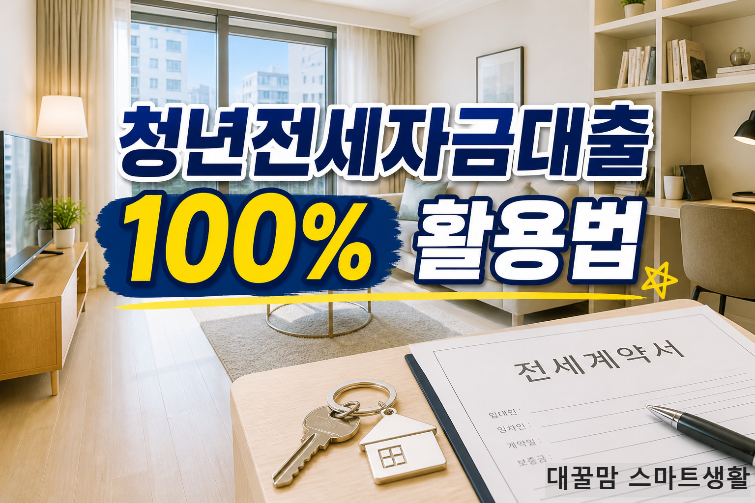 밝은 오피스텔 거실과 전세계약서 및 열쇠가 함께 있는 주거 준비 안내 이미지