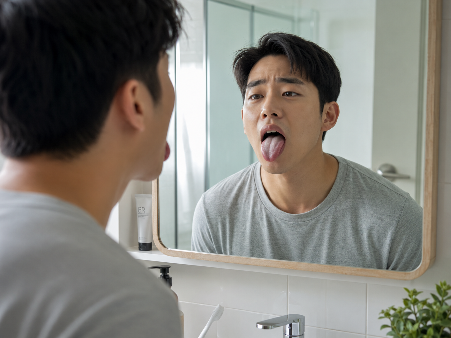 거울을 보며 혀의 흰 백태 상태를 확인하는 남성