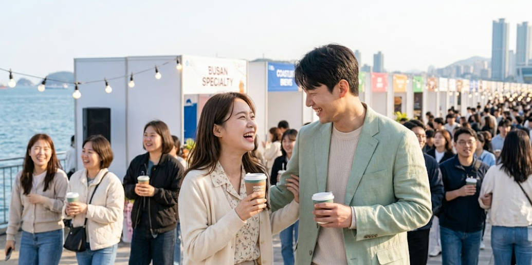 축제장에서 즐겁게 커피를 마시며 웃고 있는 커플의 모습