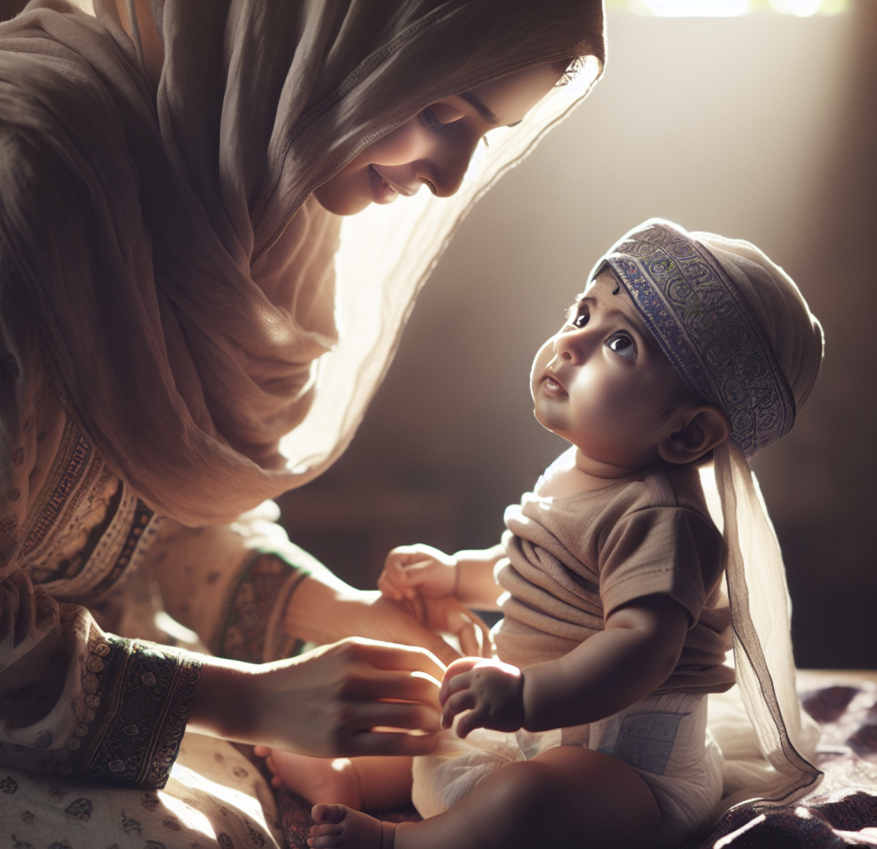 아기를 챙겨주는 웃는 엄마의 모습