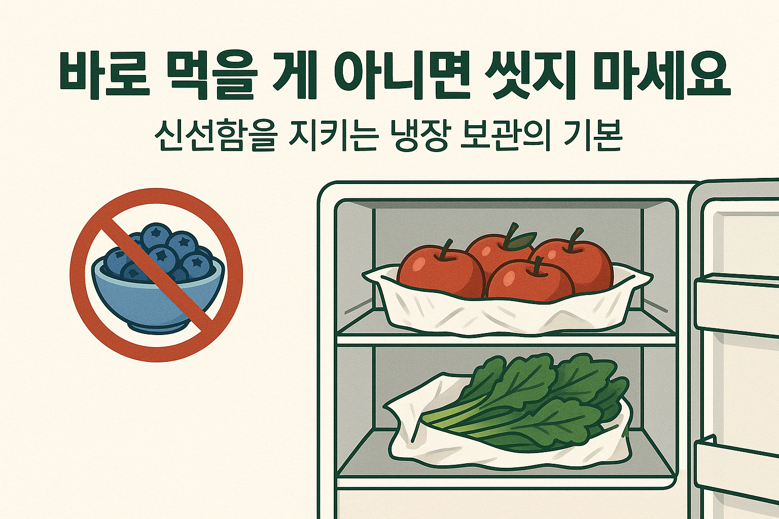 신선한 보관을 위한 냉장고 속 정돈된 과일과 채소 '바로 먹을게 아니면 씻지 마세요'라는 문구와 함께 씻지 않은 블루베리 그림에 금지 표시가 그려진 이미지