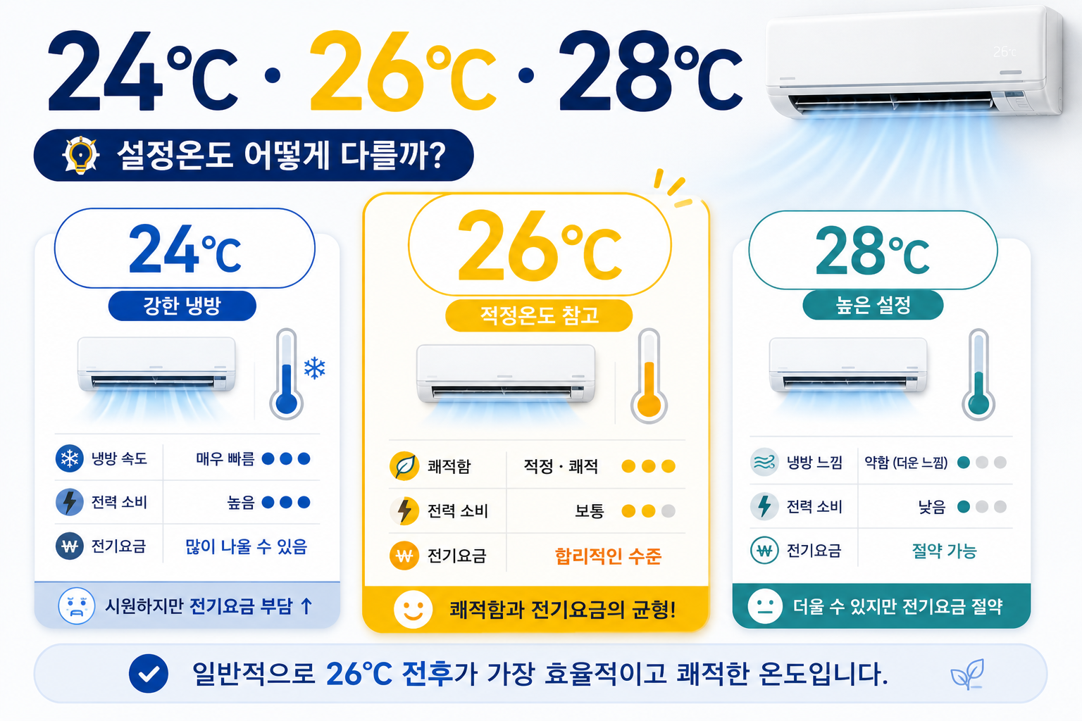 에어컨 설정온도 24도 26도 28도의 차이를 비교한 인포그래픽