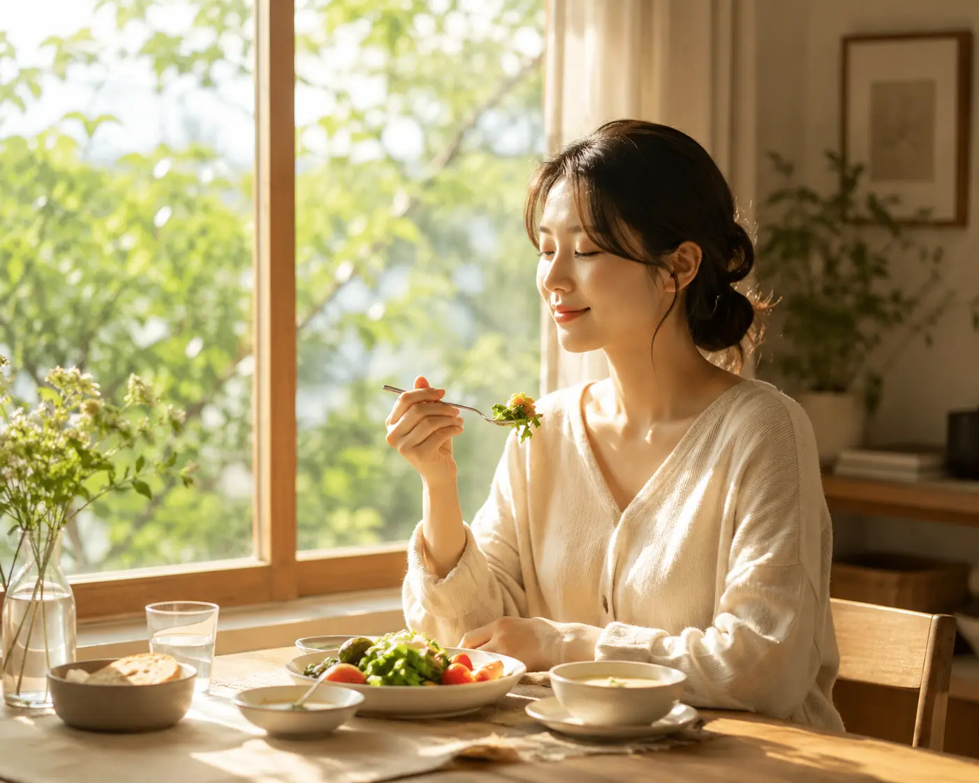 창가에서 여유롭게 식사를 즐기는 모습, 건강한 식사 습관