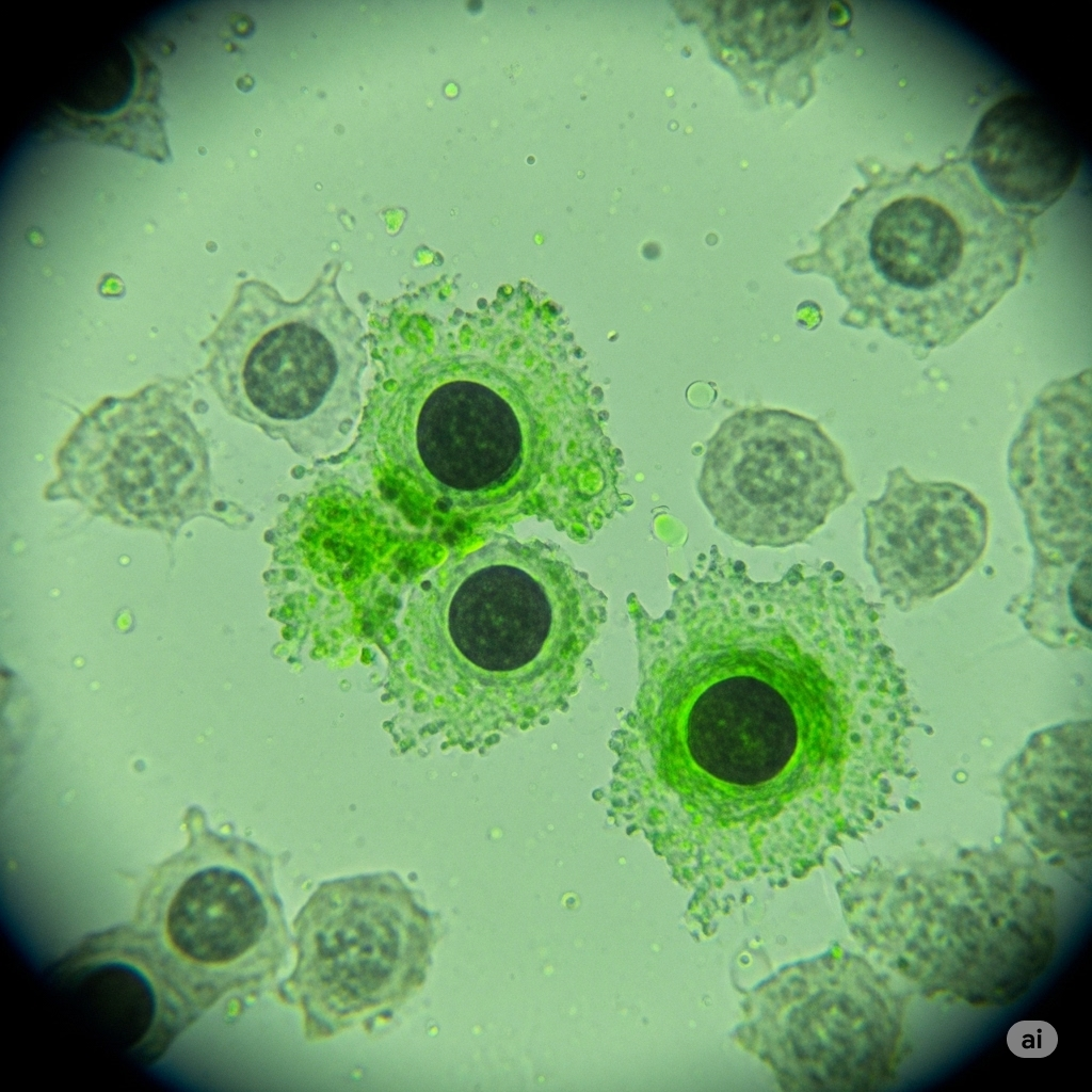 Ocimum gratissimum 에센셜 오일이 암세포의 이동을 억제하는 모습을 보여주는 현미경 이미지