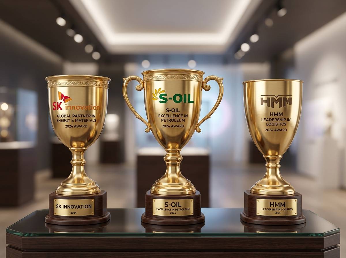 세 개의 금색 트로피 위에 SK이노베이션, S-Oil, HMM 로고가 각각 선명하게 새겨진 3D 렌더링 이미지