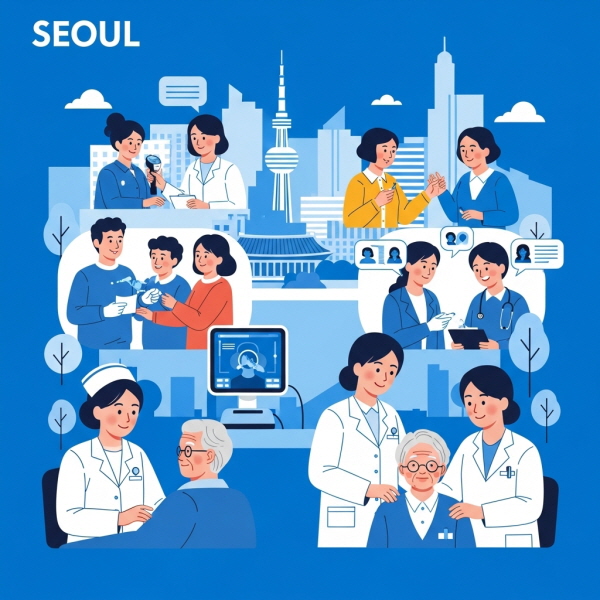 다양한 연령대의 서울 시민들이 보건소에서 건강 검진, 예방접종, 상담 등 다양한 보건의료 서비스를 이용하며 건강을 챙기는 활기찬 모습