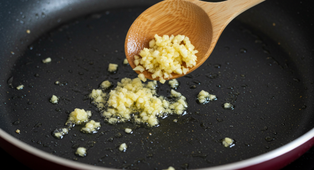 다진 마늘이 들어가 노릇하게 볶아지고 있는 모습