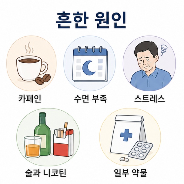 카페인과 수면 부족, 스트레스, 술과 니코틴, 일부 약물이 심장 두근거림을 유발할 수 있음을 정리한 이미지