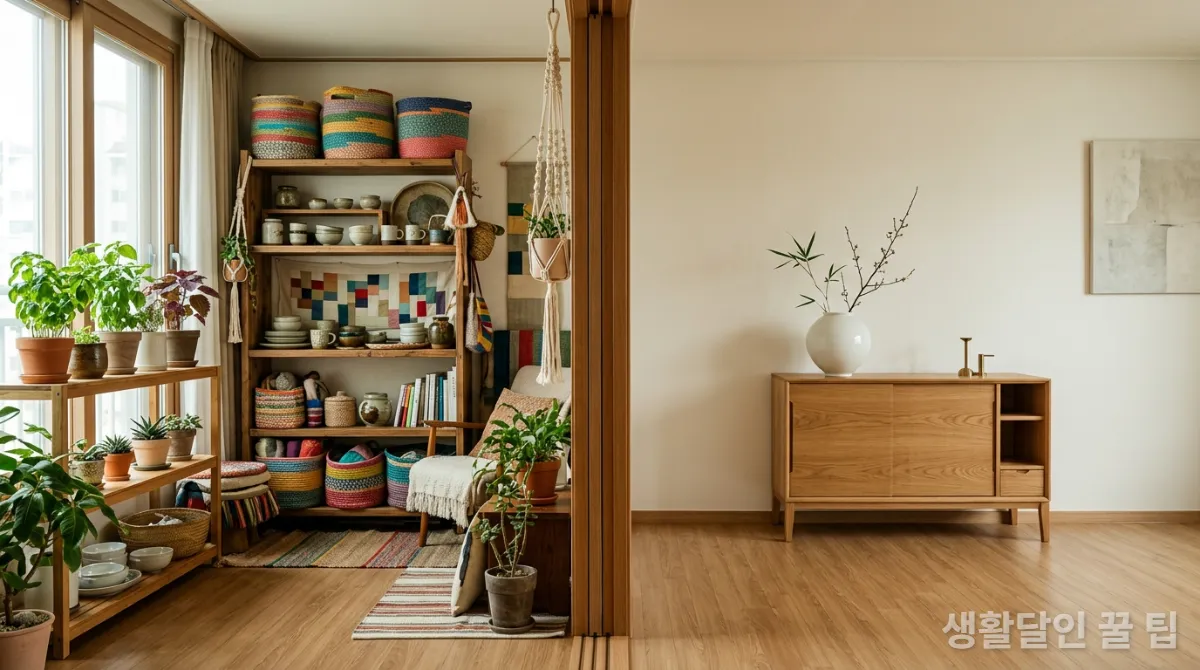 에코 맥시멀리즘과 미니멀 라이프의 특징을 시각적으로 비교하는 한국 가정의 한 장면