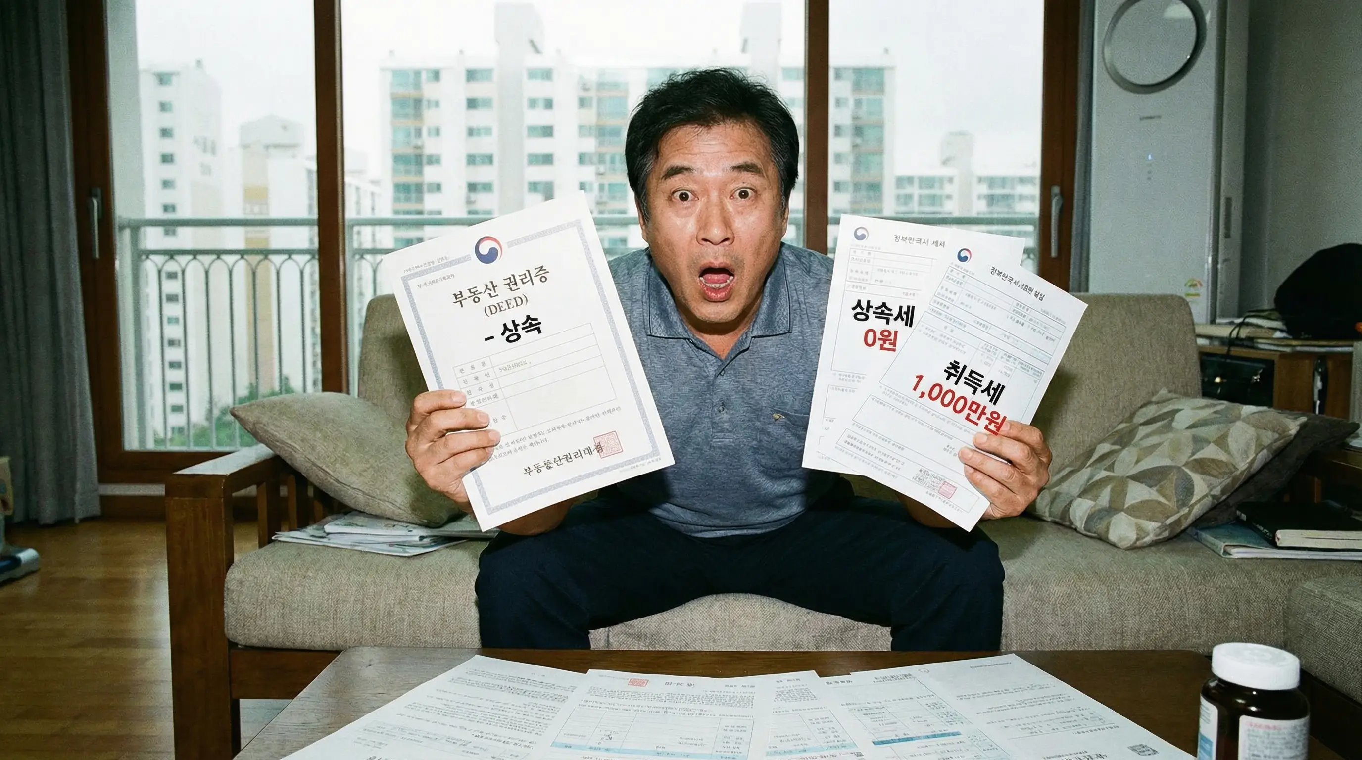 상속받은 아파트 문서(Deed)와 두 개의 고지서(Tax Bill)가 있는데, 하나는 '상속세 0원', 다른 하나는 '취득세 1,000만원'이라고 적혀 있어 놀라는 상속인의 모습