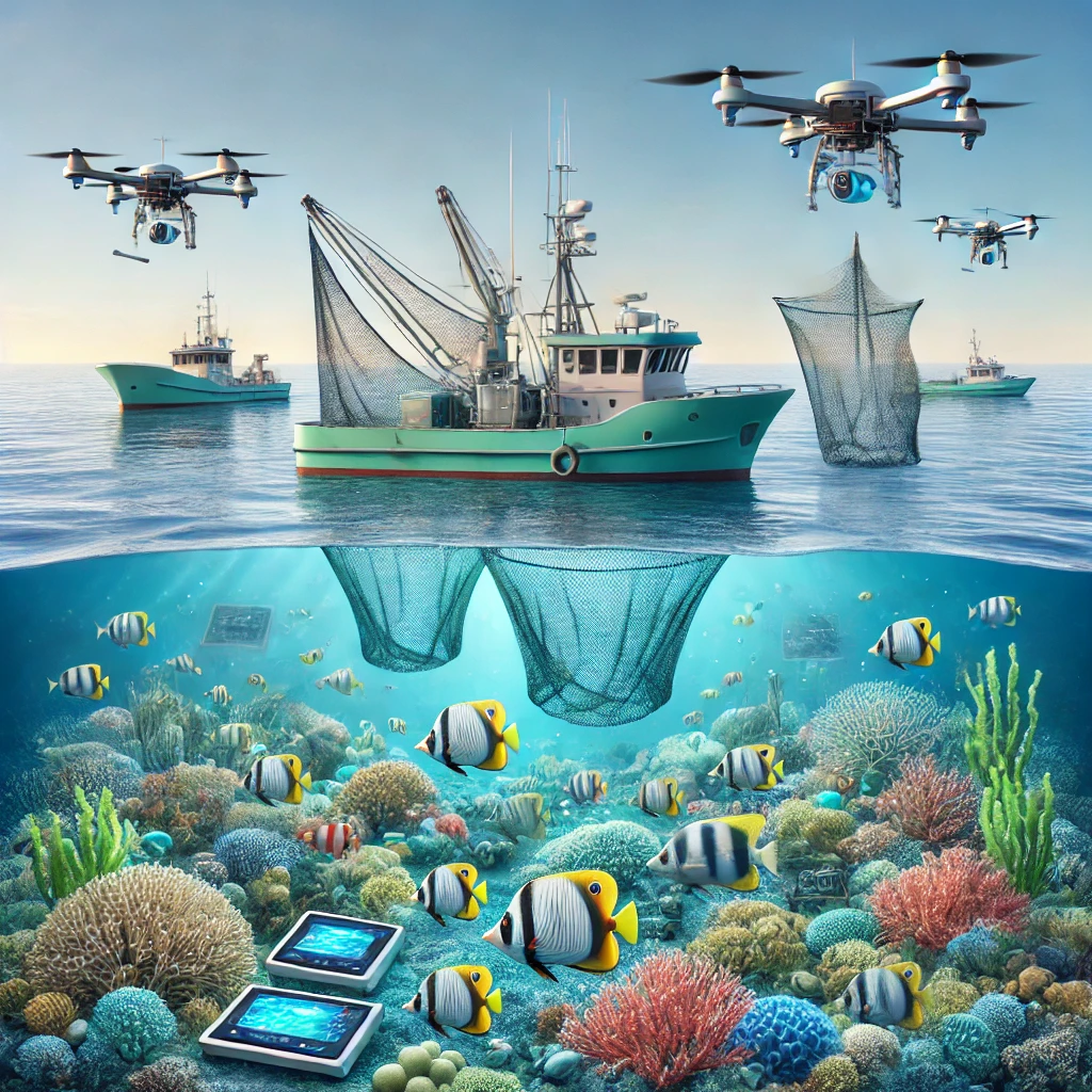 이 이미지는 지속 가능한 어업 방식을 시각적으로 표현한 장면으로, 환경친화적인 도구와 선택적 어망, 수중 드론을 갖춘 현대식 어선이 등장합니다. 주변에는 밝고 깨끗한 해양 생태계가 펼쳐져 있으며, 다양한 어류와 산호가 조화롭게 어우러져 건강한 바다를 나타냅니다. 평온한 푸른 바다와 맑은 하늘을 배경으로 하여 친환경적이고 협력적인 어업의 미래를 상징하는 장면입니다.