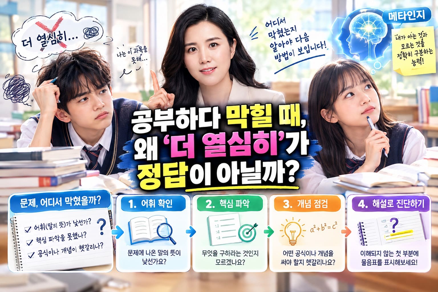 막연히 '더 열심히' 하는 것은 문제의 원인을 파악하지 못해 실수를 반복하게 만듭니다. 중요한 것은 문제의 어느 부분이 어려운지 구체적으로 나누어 진단하는 것입니다.