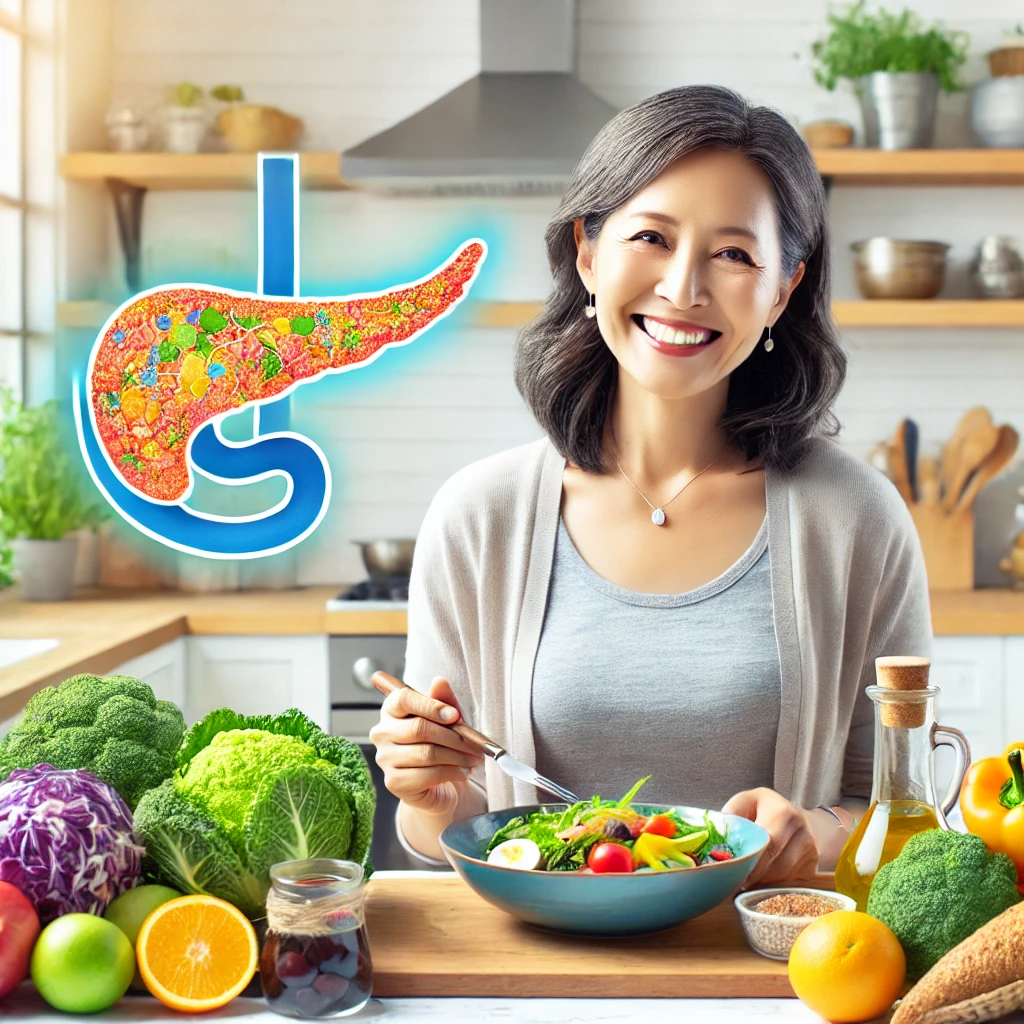 췌장관리를 위해 식단관리하는 중년여성 이미지