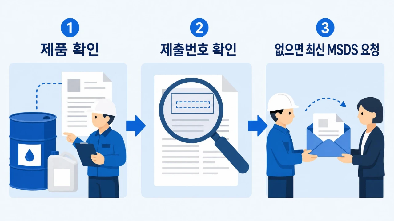 MSDS 제출번호가 없을 때 제품 확인 후 공급업체에 최신 MSDS를 요청하는 순서
