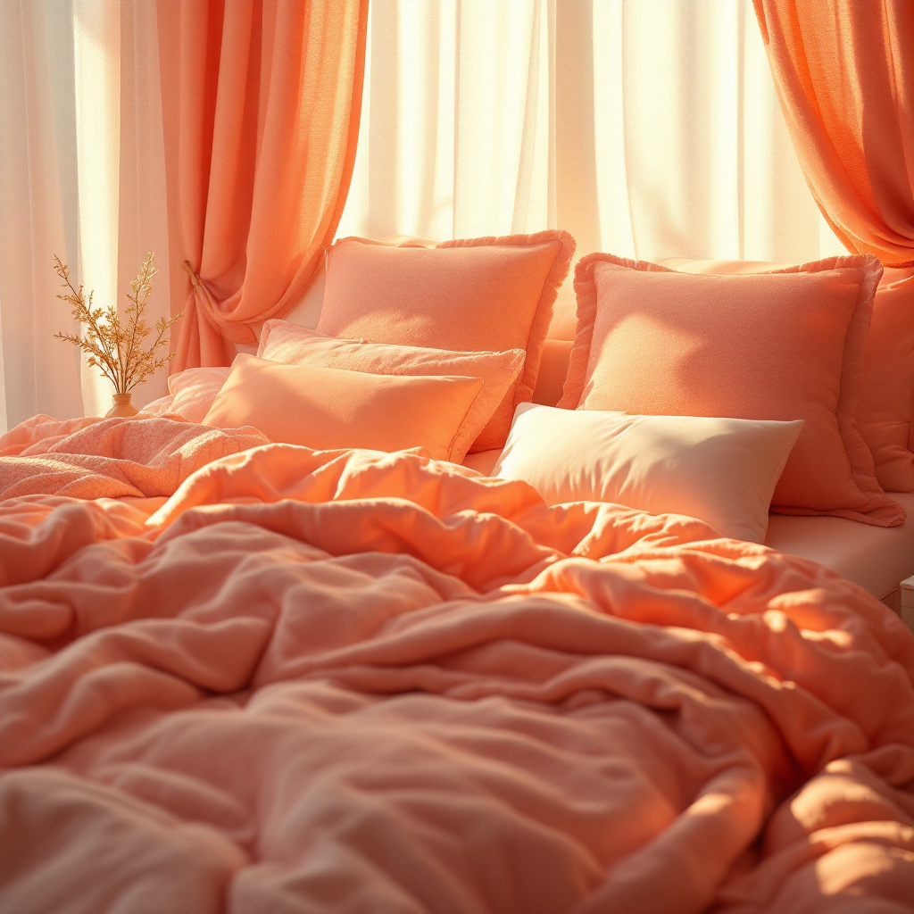 햇살 가득한 커튼 아래 따뜻한 오렌지빛 침대 – 꿀잠을 부르는 감성적인 침실