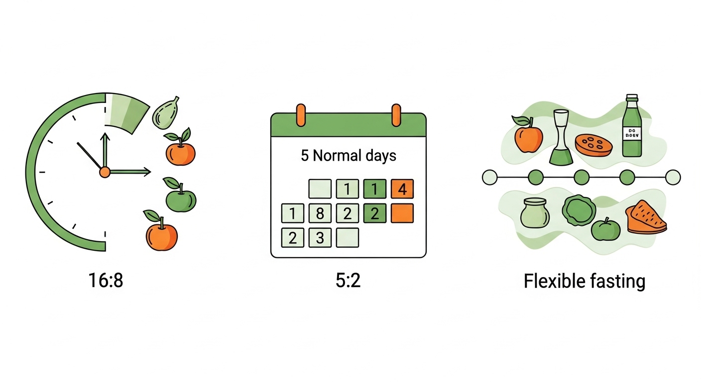 16:8, 5:2, 자율형 단식 등 세 가지 간헐적 단식 유형을 직관적인 아이콘으로 표현한 그림. 각 방식의 특징을 시각적으로 보여준다.