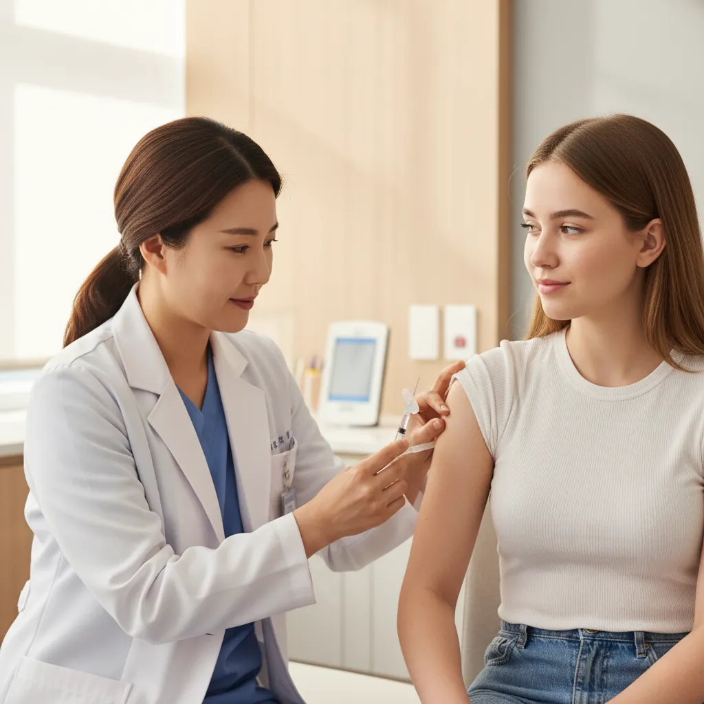 "병원에서 의사가 외국인 유학생에게 독감 예방접종을 하고 있는 모습"