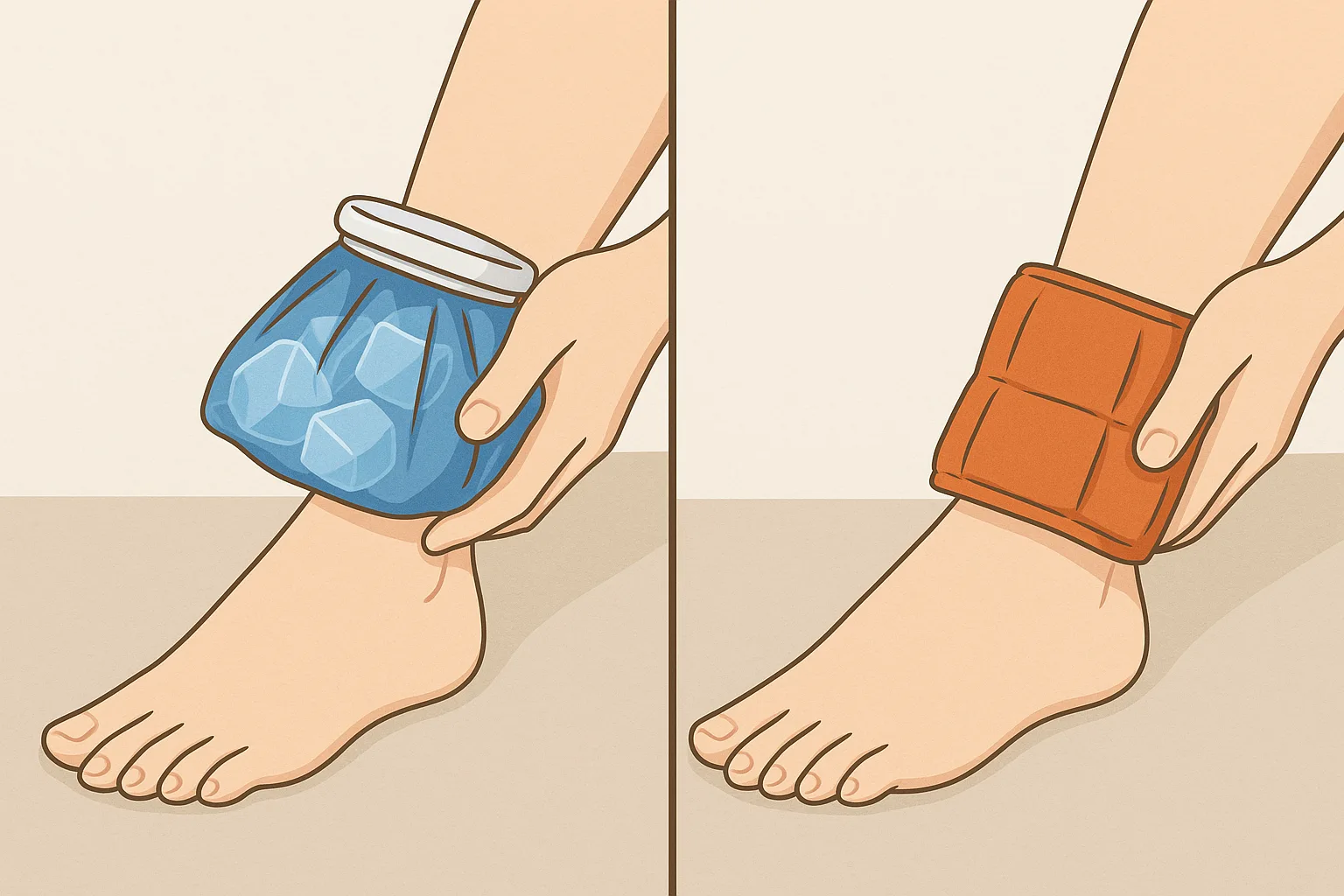 왼쪽 발목에 얼음찜질 팩을 대는 장면과 온찜질 팩을 대는 장면