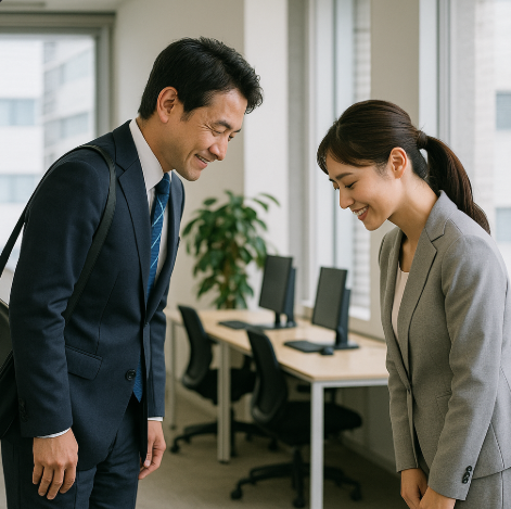 회사 내에서 직장동료에게 서로 예의 바르게 인사하는 모습입니다.