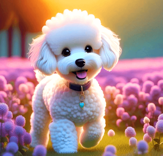 하얀색 푸들이 보라색 꽃밭에서 혀를 내밀고 환하게 웃고 있다. 매우 귀엽고 앙증맞다.