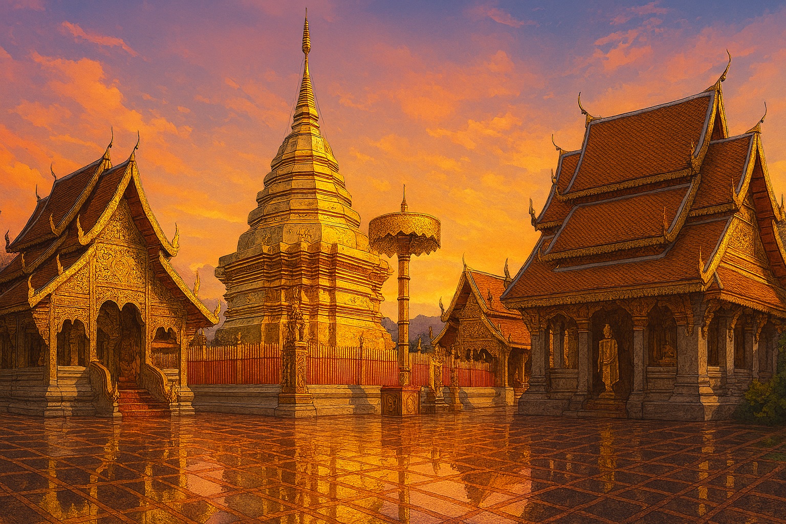 태국 북부의 왓 프라탓 도이 수텝의 반사실적 일러스트