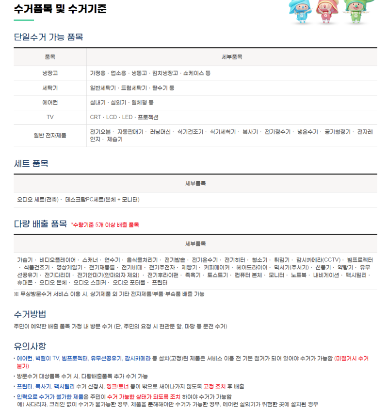 수거품목 및 수거기준