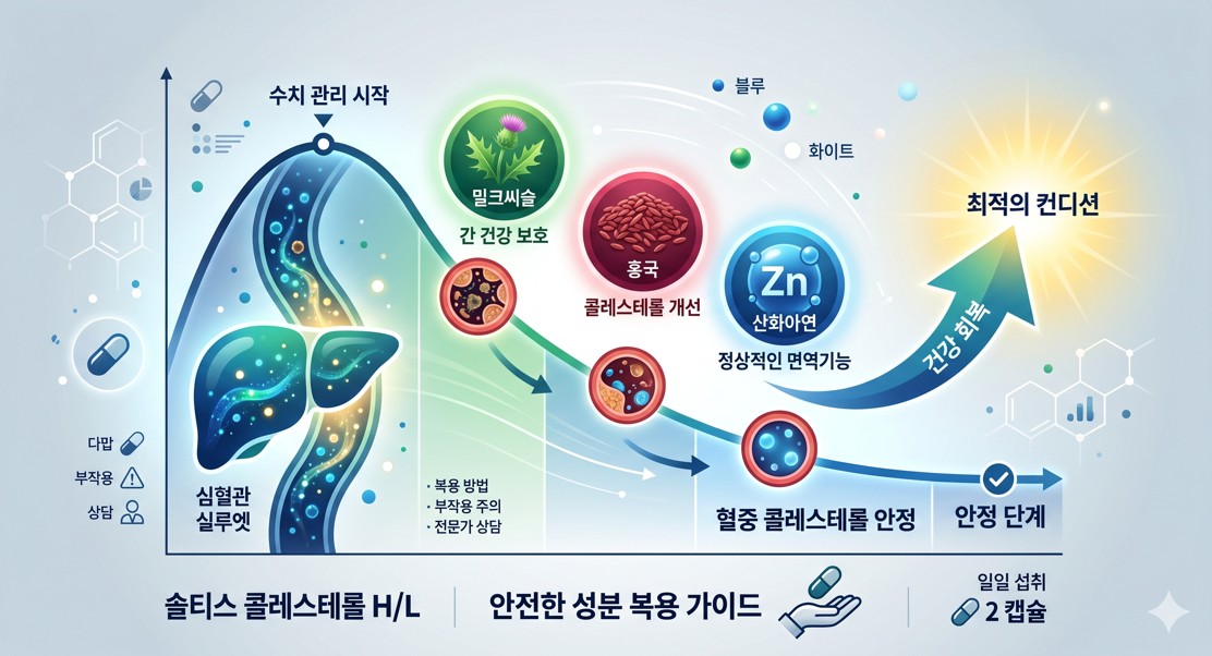 콜레스테롤 수치가 안정되는 것을 시각화한 깔끔한 인포그래픽 스타일의 배경