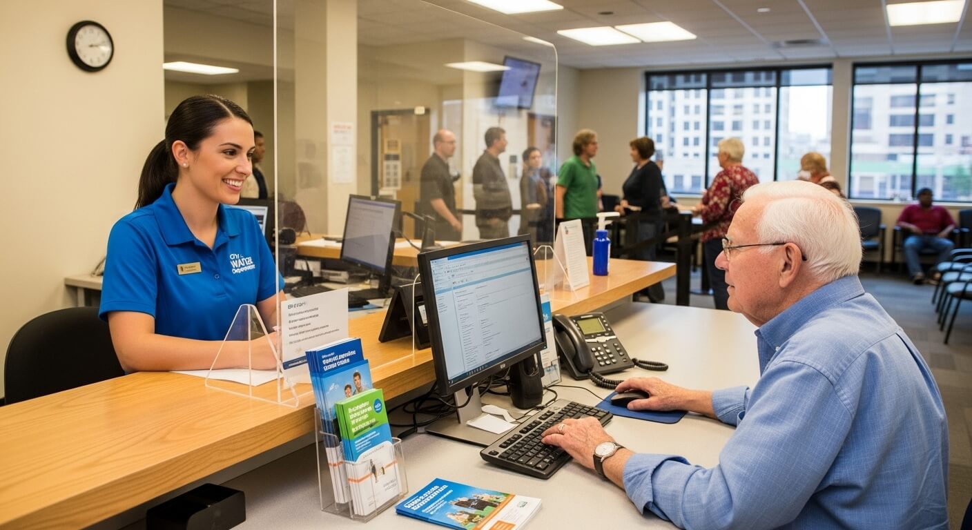 고지서 확인을 위해 수도사업소 창구에서 상담받는 노년 남성과 접수 직원