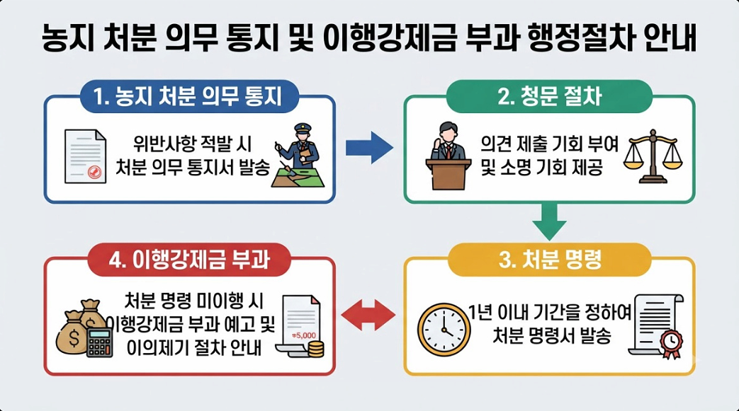 농지처분 의무 통지서 및 이행강제금 부과 행정 절차 안내도