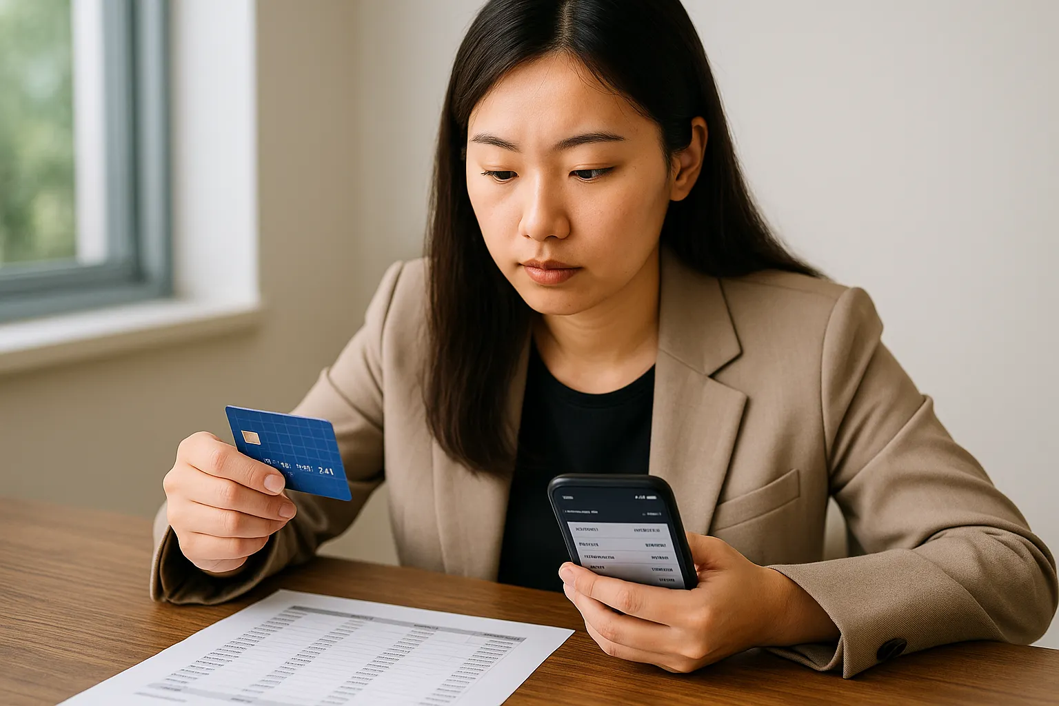 체크카드와 스마트폰 결제내역을 비교하며 실적 인정 여부를 점검하는 여성 직장인
